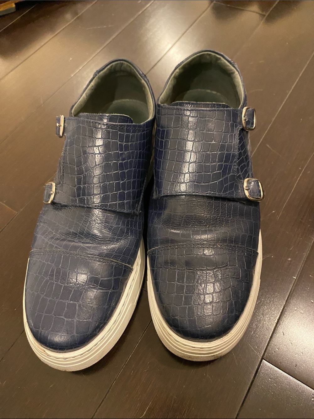 Navy Croc-Embossed Slip-On Loafers with Twin Buckles